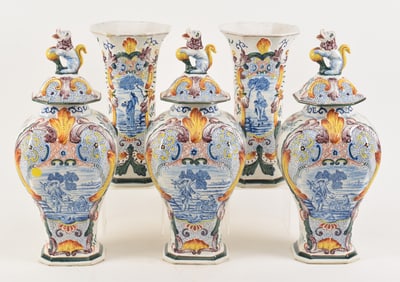 18th century 5-piece Delft pottery polychrome decorated garniture set. 3 covered vases with lion
