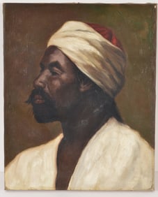 19th century orientalist portrait of a Moorish man. Oil on canvas. Unsigned. 13 x 16in. Style of E.