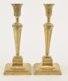 Pair of 18th century brass candlesticks. 11in high.