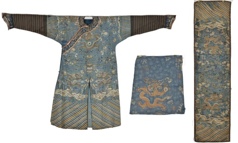 Lot of 3 textile fragments. China. 19th century. Kossu tapestry weave. A dragon robe and 2 panels.