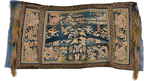 Embroidered saddle blanket. China. 18th century. Couched dragons on a deep blue velvet ground. 27 x