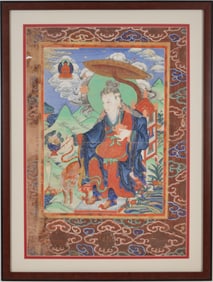 Buddist icon. Tibet. 18th century. Seated figure of a Mahasiddha with a tiger. Ink, colors and gilt