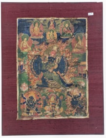 Buddhist icon. Tibet. 18th century. Thangka of Yamantaka with lineage figures. Ink and pigments on