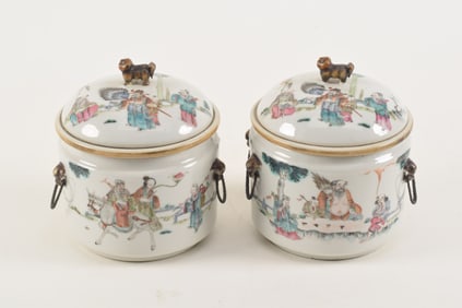 Pair of Chinese Tongzhi marked 3-part famille rose porcelain figural decorated food warmers with