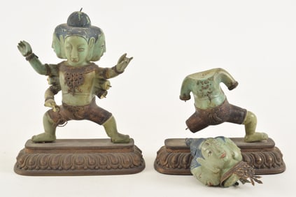 Pair of buddhist images. China. 18th century. Turquoise with gilt bronze mounts. Losses, some pieces