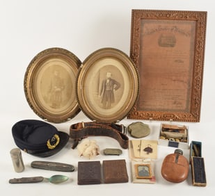 Civil War period items. to include: Civil War leather belt; GAR cap; GAR medal; 2 officer's bars and