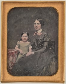 19th century fine 1/2 plate tinted daguerreotype photograph of a mother and daughter. Tinted red
