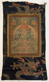 Buddhist icon. Tibet. 16th century. Thangka of Tara. Ming brocade mounts. Ink and pigments on cloth.