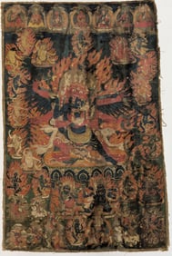 Buddhist icon. Tibet. 16th century. Thangka of Garuda in yab-yum. Ink and pigments on cloth. 35 x