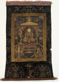 Buddhist icon. Tibet. 16th century. Thangka with unusual image of Maitreya (?). Ink and pigments on