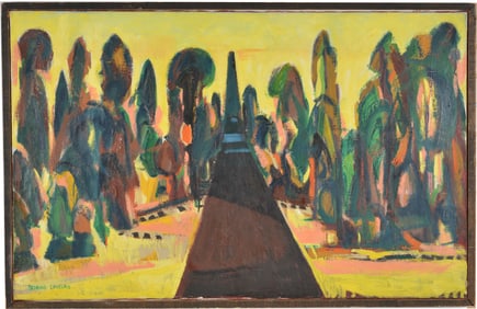 Bernard Langlais. Maine. Large landscape with a tree lined parkway and monument. Ca. 1954-55. Oil on