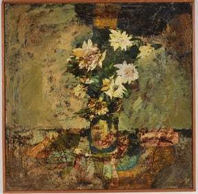 Mid 20th century American colage painting of an abstract still life vase of flowers. Oil and collage