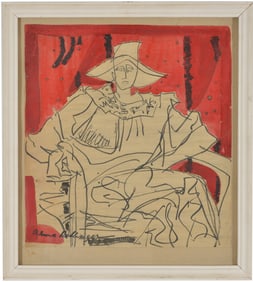 Alma Redlinger. Romanian. Original mixed media painting of modern seated figure with red