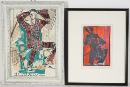 Alma Redlinger. Romanian. Lot of 2 original paintings. 1) Collage painting of seated figure with