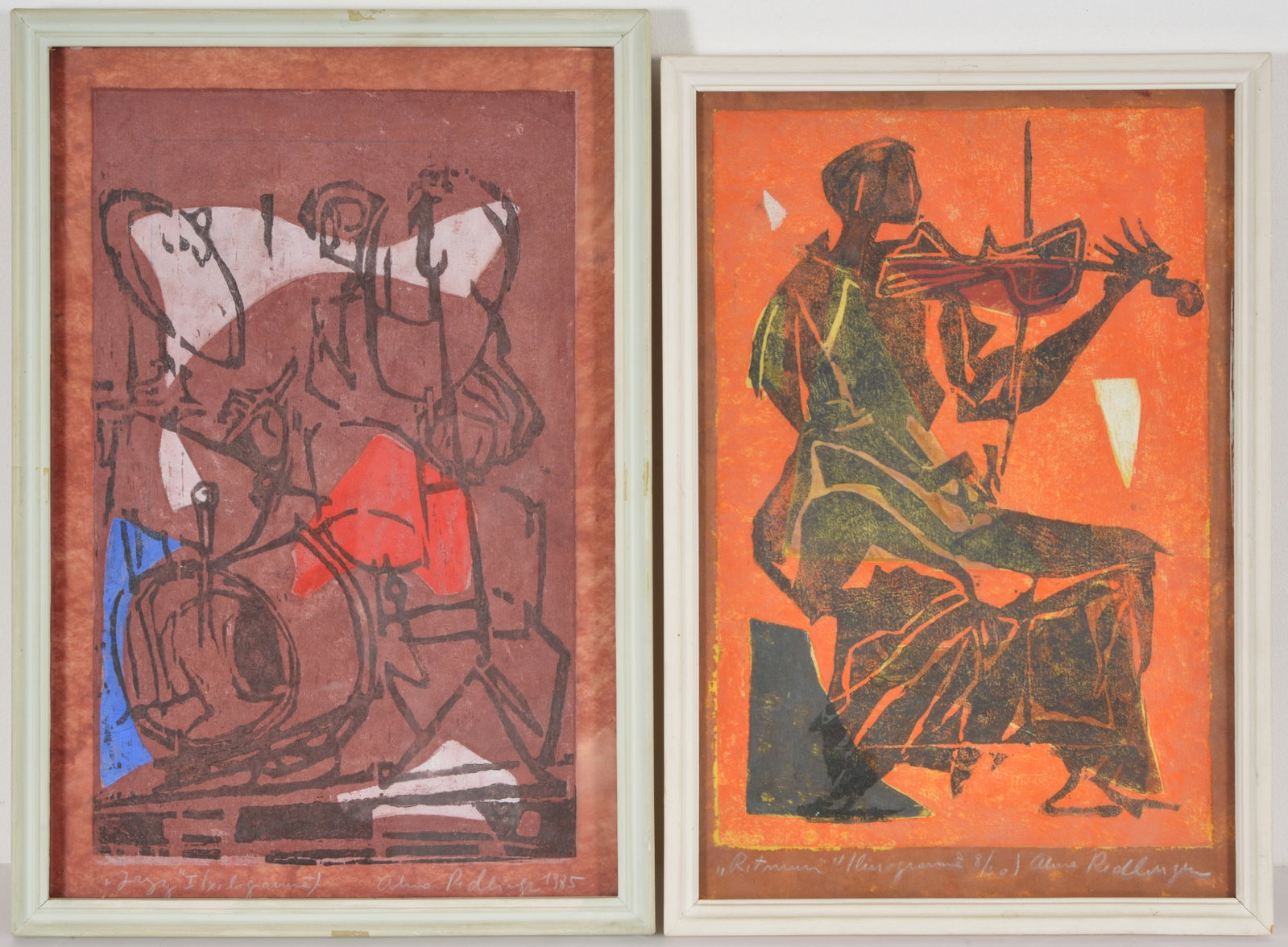 Alma Redlinger. Romanian. 2 limited edition woodblock prints. 1) "Jazz". Appears to be edition of 1.: Alma Redlinger. Romanian. 2 limited edition woodblock prints. 1) "Jazz". Appears to be edition of 1. Signed and dated lower right. Overall: 18.5 x 12.75in. 2) "Writman". Edition 8/10?. Signed and titl