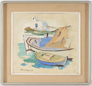 Mid 20th century Russian-American 1977 abstract landscape painting with boats. Oil on board. Signed