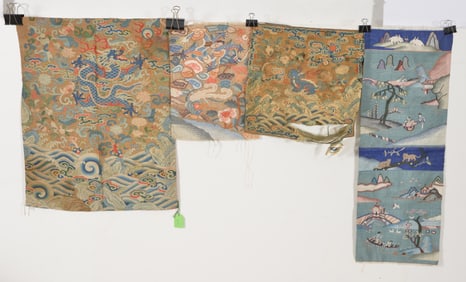 4 Textile fragments. China. 18th/19th century. Kossu tapestry weave. A landscape panel and elements