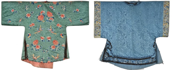 2 robes. China. 19th century. One of teal green silk embroidered with flowers in couch stitch; the