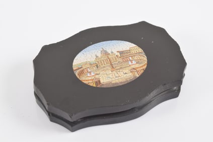 Italian micro mosaic slate paperweight. Central panel depicting St. Peter's Square in Vatican City.