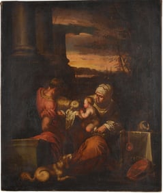 17th/18th century Italian old master painting depicting the Holy Family in a landscape with a cat