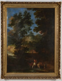 Large 17th/18th century dutch old master landscape painting with figures and cattle by a river. Oil