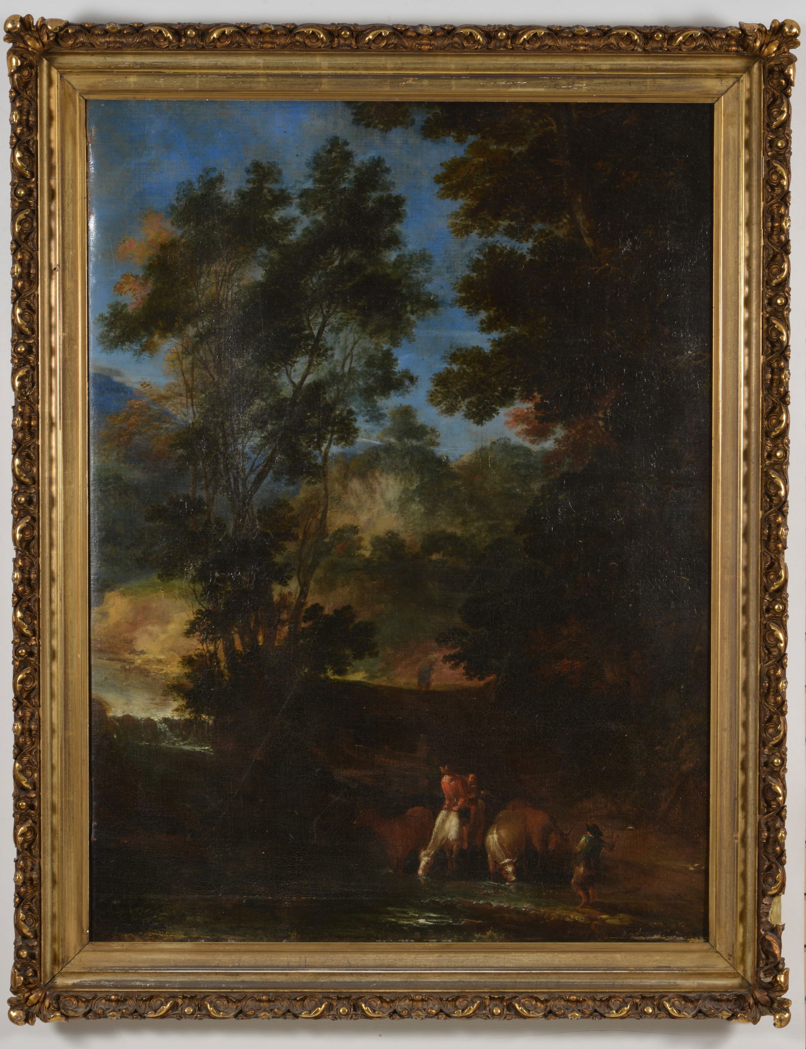 Large 17th/18th century dutch old master landscape painting with figures and cattle by a river. Oil (1 of 8)