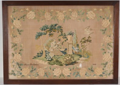 Large 1830 American needlework sampler depicting a seated woman in a landscape with a flying bird