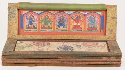 6 Illuminated Sutra panels. Tibet. 18th century. Ink, colors and gilt. Illustrations of deities.