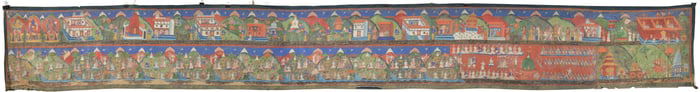 Buddhist icon. Nepal. 19th century. Newari style painting of the dedication of a stupa in an ornate