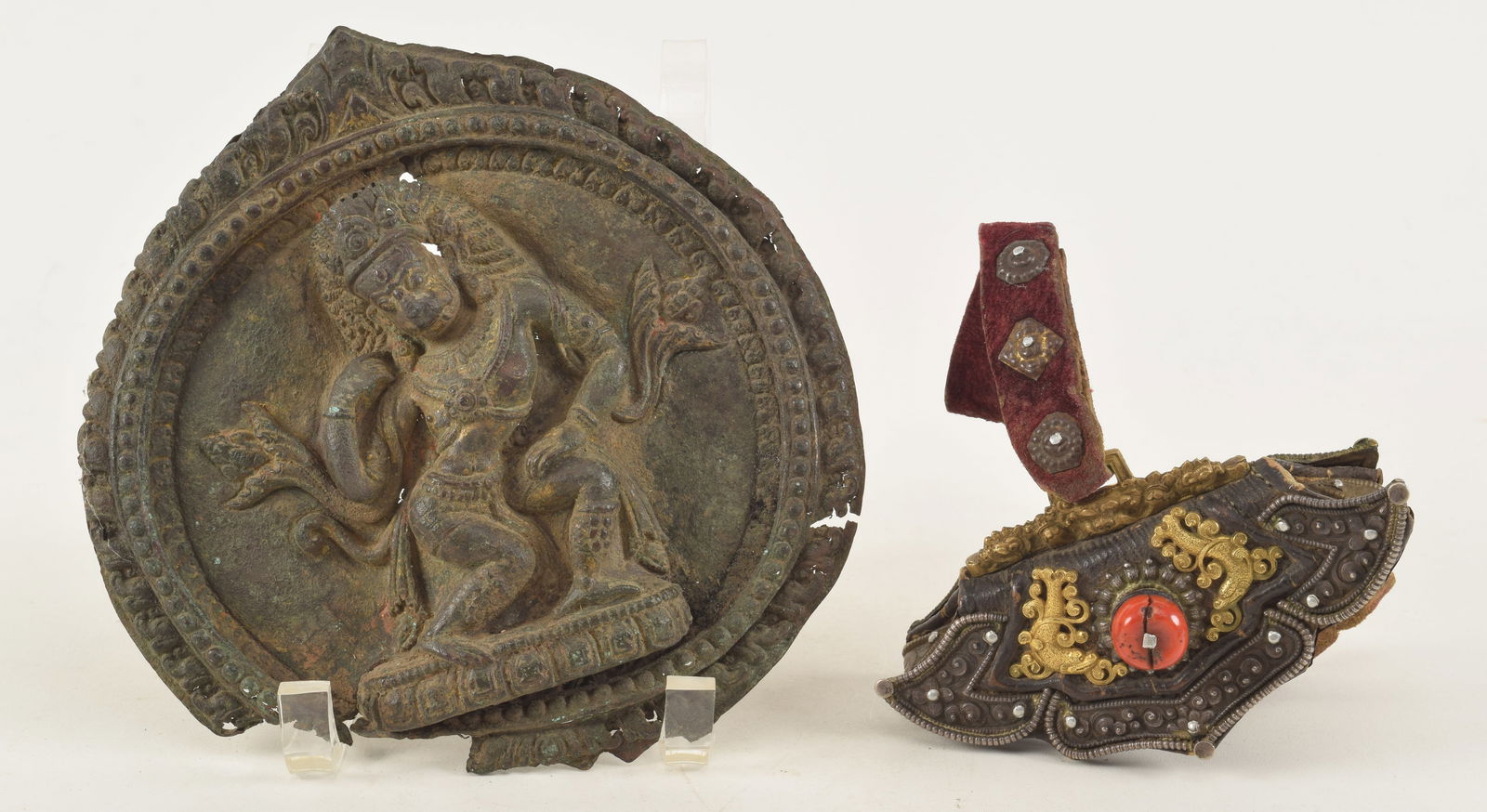 Repousse gilt copper buddhist plaque, together with a coral, gold and silver mounted pouch. Plaque (1 of 6)