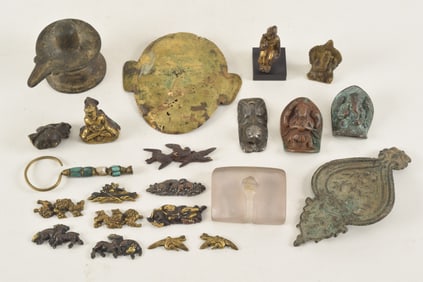 Lot of antiquities. To include: a gilt death mask (Liao period ca 10th century), 2 gilt buddhas, a
