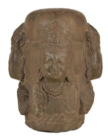 Hindu Icon. Carved stone. North India. 13th century. Shiva lingam with 4 faces. 13 x 10in.
