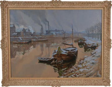 Paul Leduc. Belgium. Monumental 1911 impressionist Seine River Paris winter landscape painting with