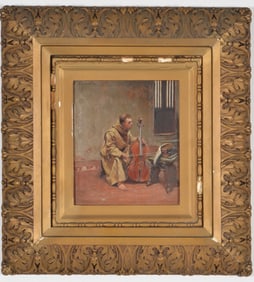 Ignaz Marcel Gaugengigl. Interior genre painting of a monk playing a cello with a table and sheet