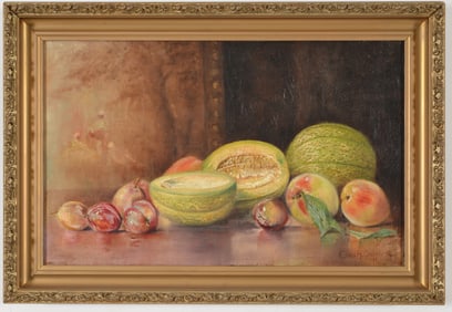 Charles H. Osborne. 1911 tabletop still life painting with melons and fruit. Signed lower right. Oil
