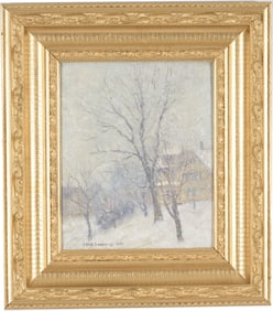 J. Elliot Enneking. 1914 Winter landscape painting with houses. Oil on board. Signed and dated lower