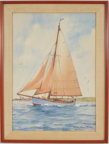 Frank Vining Smith. Original watercolor painting. "Wind Whistle" sailing yacht off a point with a