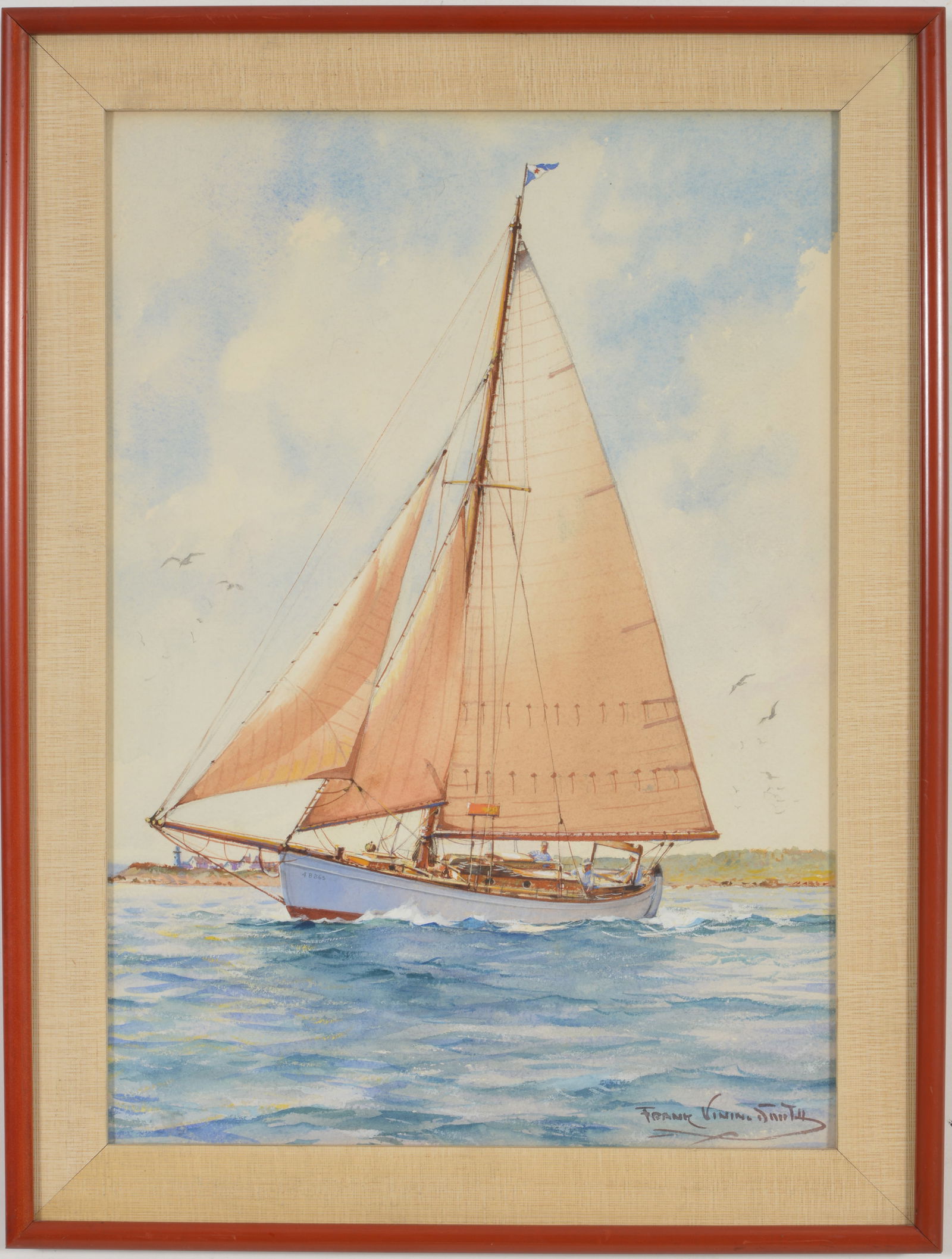 Frank Vining Smith. Original watercolor painting. "Wind Whistle" sailing yacht off a point with a (1 of 9)
