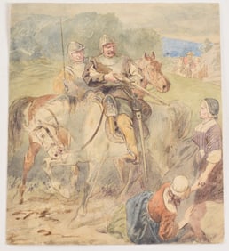 Possibly Arthur Rackham small watercolor illustration of soldiers on horseback detaining people.