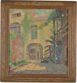 Clarence Millet. New Orleans. "St. Peter Courtyard". Bright courtyard scene with a black woman