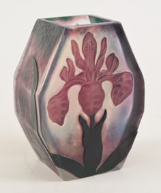 Daum Nancy marquetry acid cut cameo glass vase. Floral decoration with chipped ice background.