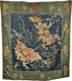 Wall hanging. China. Ming period (1368-1644). New Year banner. Dark blue silk embroidered with