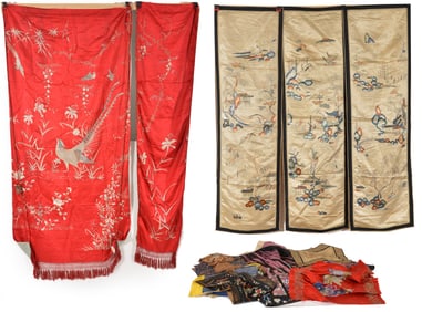 Lot of 10 textiles. China. 19th century. To include: 2 embroideries of birds and flowers on a