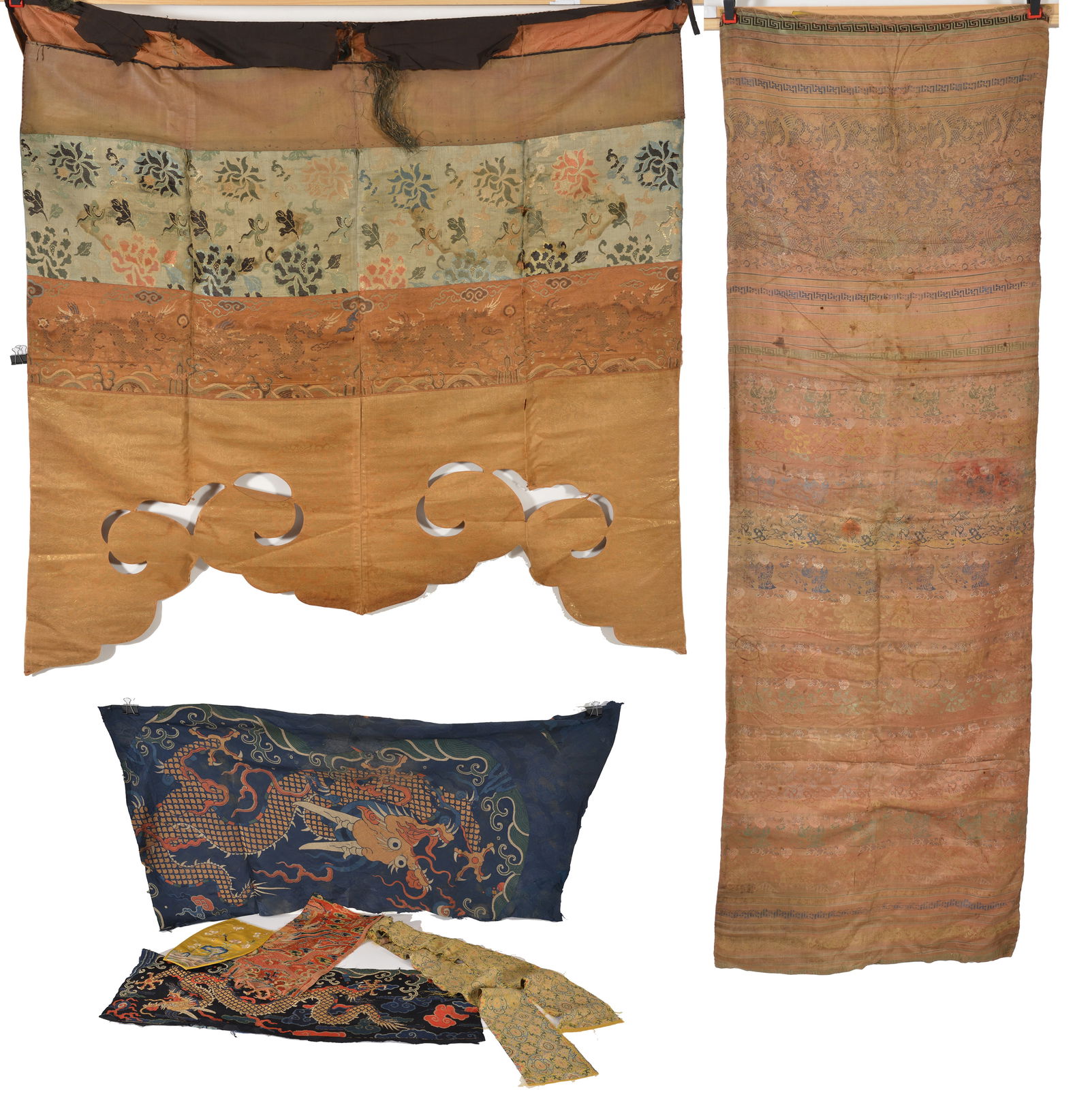 Lot of 8 textiles fragments. China. Ming to early Qing. To include 2 Ming dragon elements and 6 (1 of 10)