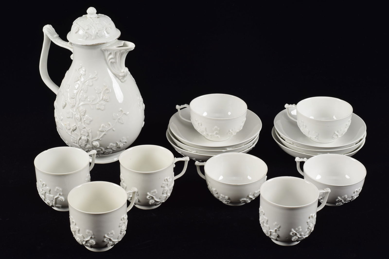 18th century Meissen porcelain white Bottger grape vine pattern partial tea set. Pot 9.25in high. (1 of 7)