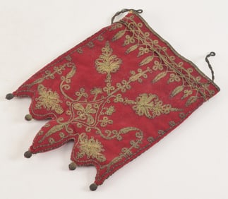 18th/19th century continental red velour silk-lined purse with metallic thread floral and scroll
