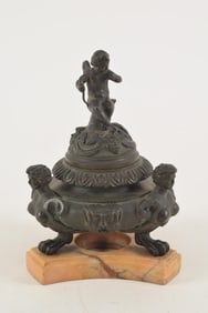 19th century Italian bronze Grand Tour figural covered inkwell. Cupid and female bust decoration.
