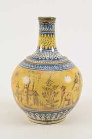 Early Italian majolica pottery pharmacy bottle. Yellow ground with horse, cattle, and birds in a