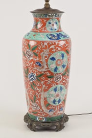 Large Samson porcelain Chinese style decorated lamp/vase. Dragon and floral scroll decoration.
