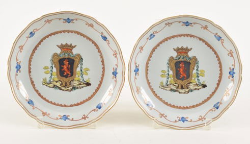 Pair of 18th/19th century armorial porcelain deep dishes. Coat of arms of The Count Gustave Tessin
